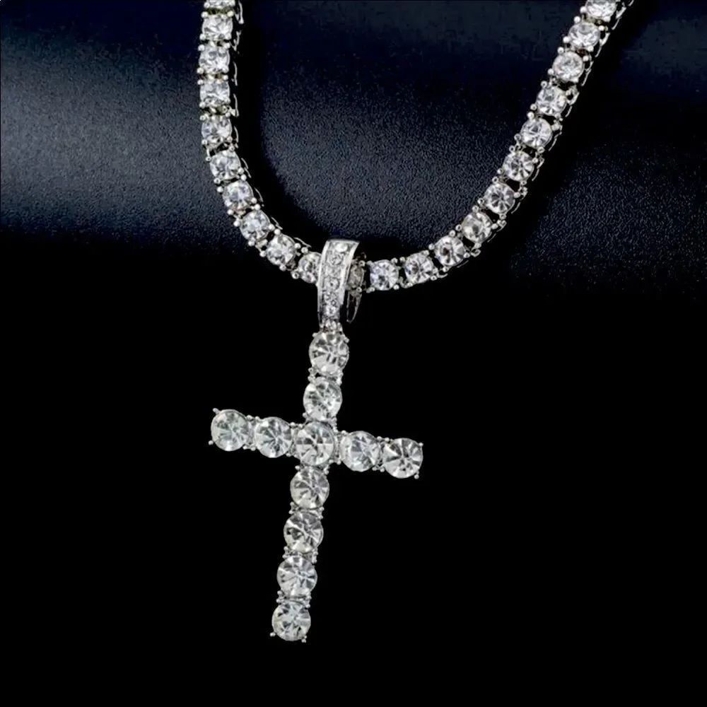 Cross Pendant Necklace with 4mm Tennis Chain Iced Necklace Jewelry Silver chain